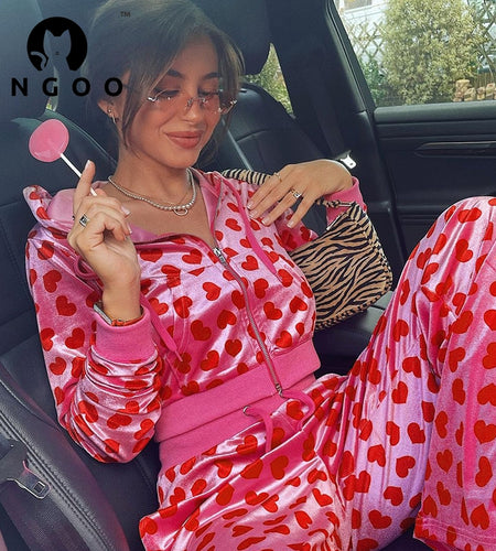 2pc Set Love Printed Hooded Cardigan